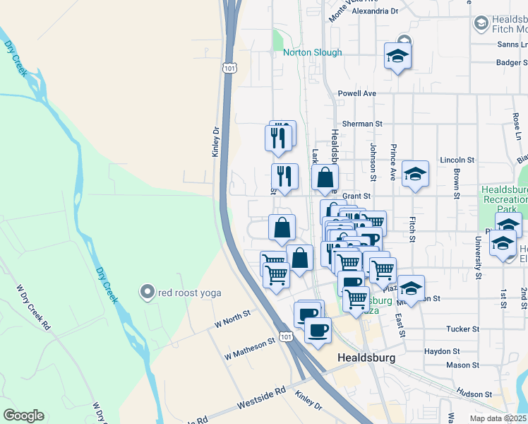 map of restaurants, bars, coffee shops, grocery stores, and more near 195 Foss Creek Circle in Healdsburg