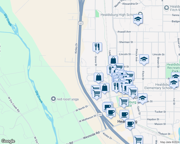 map of restaurants, bars, coffee shops, grocery stores, and more near 195 Foss Creek Circle in Healdsburg