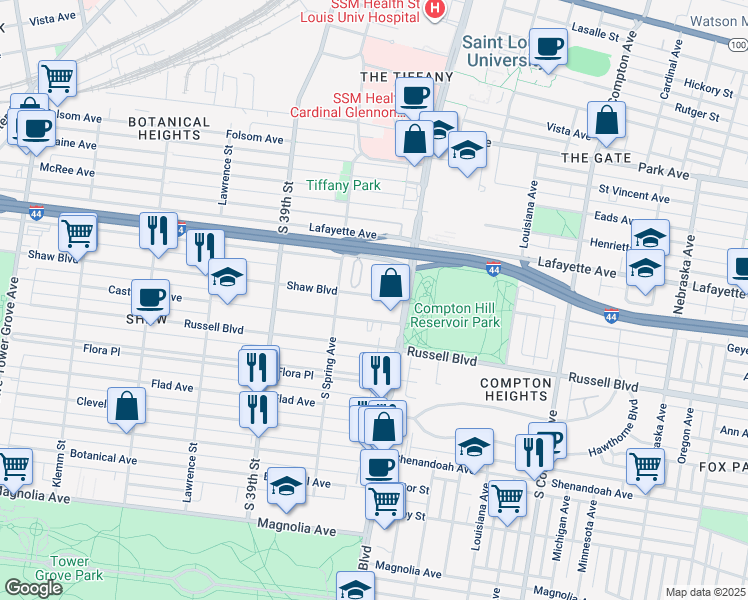 map of restaurants, bars, coffee shops, grocery stores, and more near 3643 Castleman Avenue in St. Louis