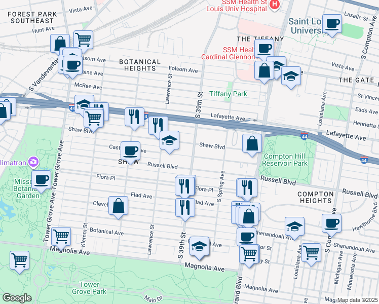 map of restaurants, bars, coffee shops, grocery stores, and more near 3910 Castleman Avenue in St. Louis