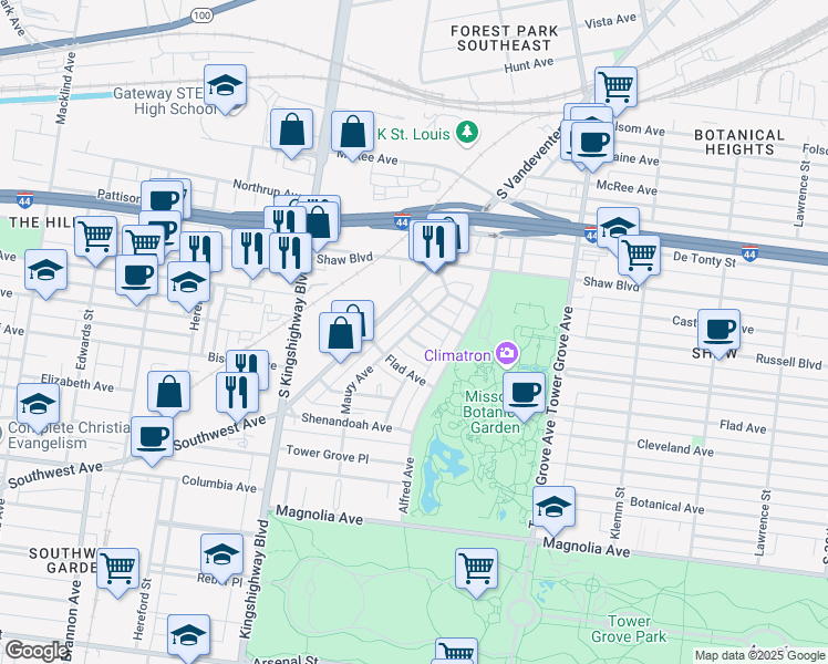 map of restaurants, bars, coffee shops, grocery stores, and more near 4536 Flora Avenue in St. Louis