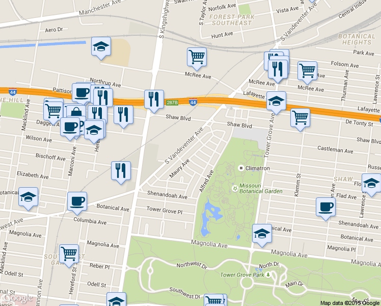 map of restaurants, bars, coffee shops, grocery stores, and more near 4536 Flora Avenue in St. Louis