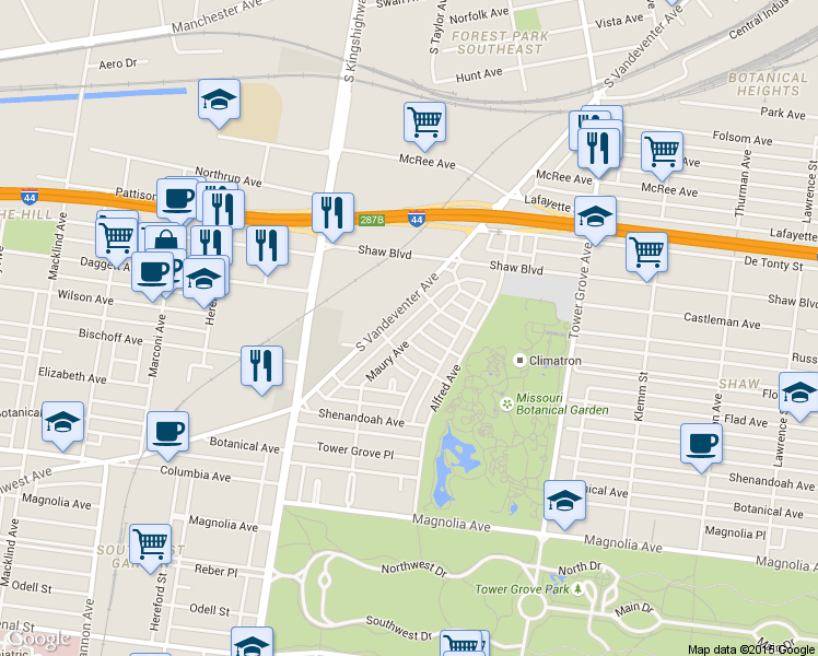map of restaurants, bars, coffee shops, grocery stores, and more near 4536 Flora Avenue in St. Louis