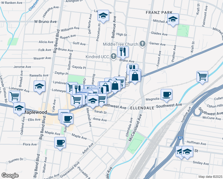map of restaurants, bars, coffee shops, grocery stores, and more near 7195 Manchester Road in St. Louis