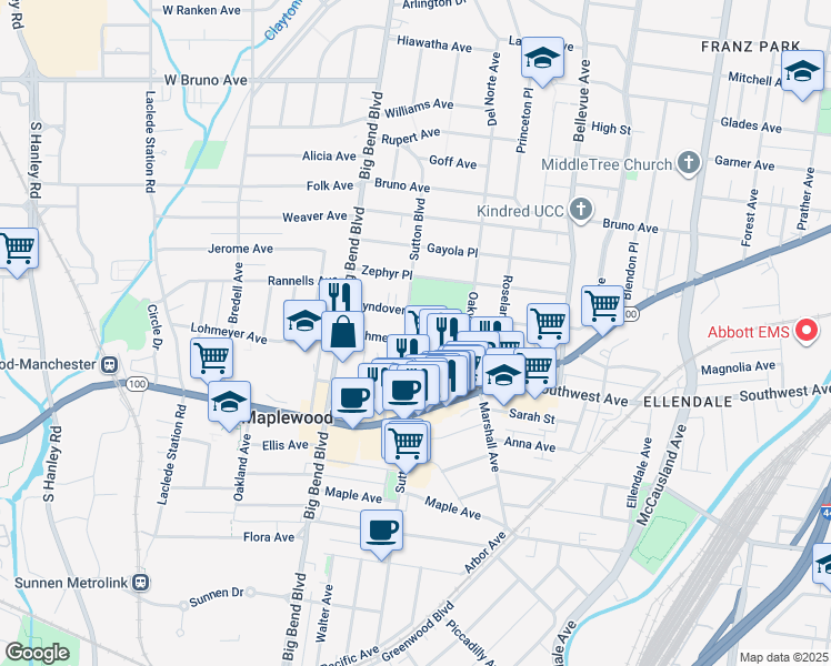 map of restaurants, bars, coffee shops, grocery stores, and more near 7355 Manchester Road in Maplewood