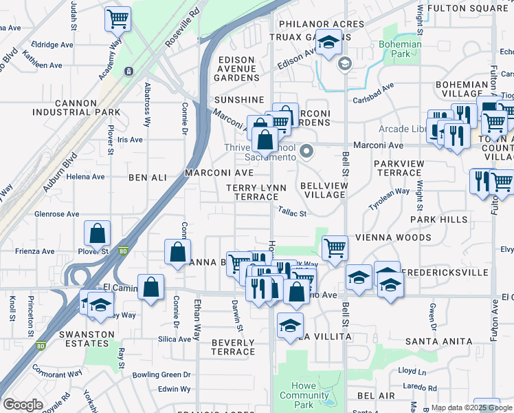 map of restaurants, bars, coffee shops, grocery stores, and more near 2148 Bluebird Lane in Sacramento