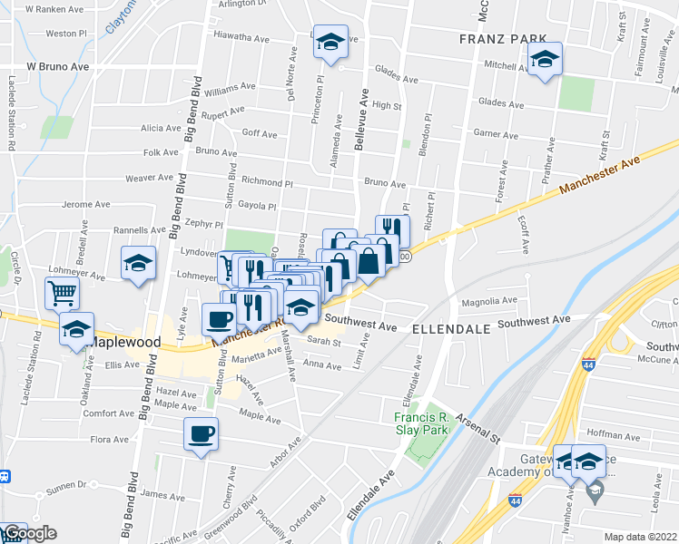 map of restaurants, bars, coffee shops, grocery stores, and more near 7210 Lyndover Place in Maplewood