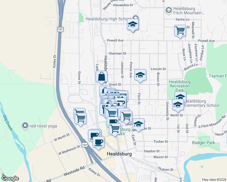 map of restaurants, bars, coffee shops, grocery stores, and more near 511 Center Street in Healdsburg