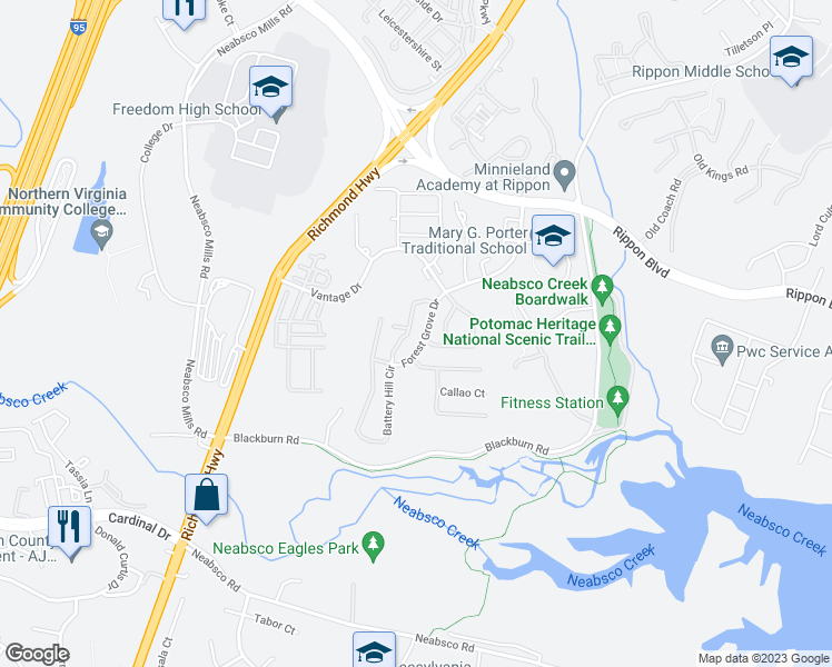map of restaurants, bars, coffee shops, grocery stores, and more near 15615 Horseshoe Lane in Woodbridge