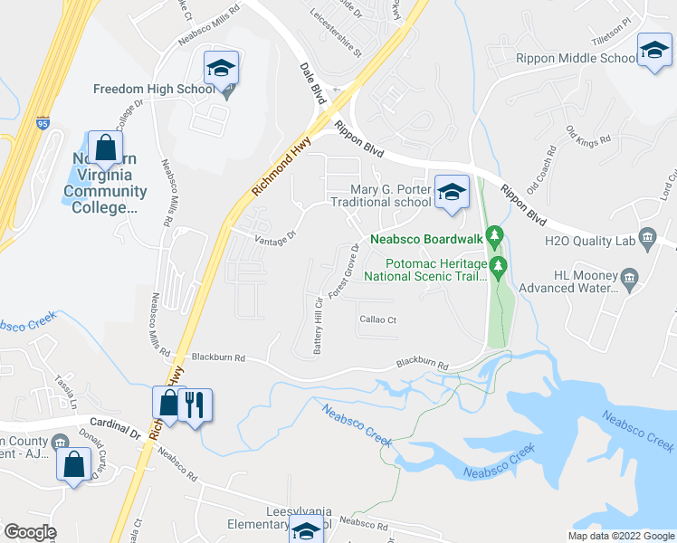 map of restaurants, bars, coffee shops, grocery stores, and more near 15605 Horseshoe Lane in Woodbridge