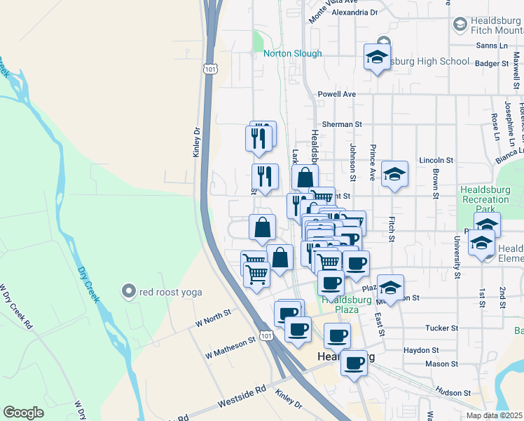 map of restaurants, bars, coffee shops, grocery stores, and more near 502 Grove Street in Healdsburg