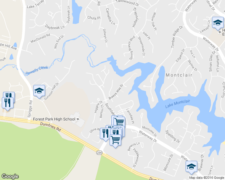 map of restaurants, bars, coffee shops, grocery stores, and more near 15537 Windward Court in Dumfries