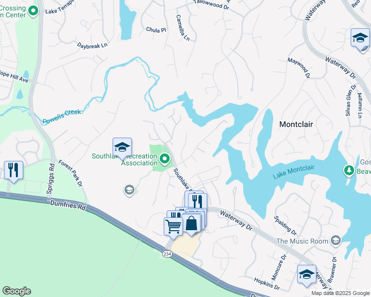 map of restaurants, bars, coffee shops, grocery stores, and more near 15537 Windward Court in Dumfries