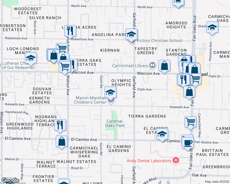map of restaurants, bars, coffee shops, grocery stores, and more near 2720 Larry Lane in Carmichael