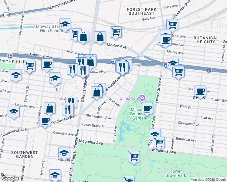 map of restaurants, bars, coffee shops, grocery stores, and more near 4536 Flora Avenue in St. Louis