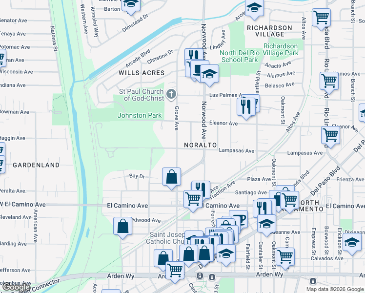 map of restaurants, bars, coffee shops, grocery stores, and more near 311 Lampasas Avenue in Sacramento