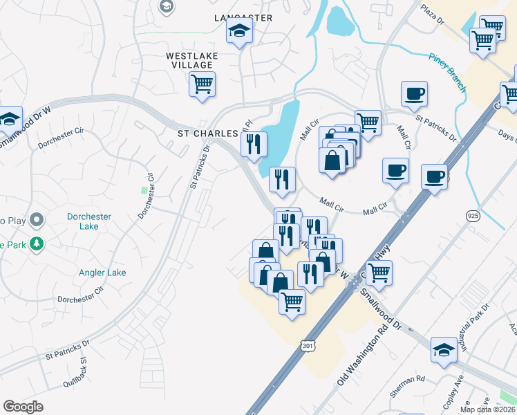 map of restaurants, bars, coffee shops, grocery stores, and more near 1024 Saint Nicholas Drive in Waldorf