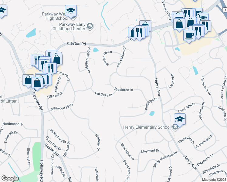 map of restaurants, bars, coffee shops, grocery stores, and more near 117 Old Oaks Drive in Ballwin