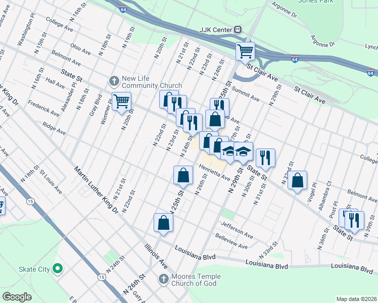 map of restaurants, bars, coffee shops, grocery stores, and more near 542 North 24th Street in East St. Louis