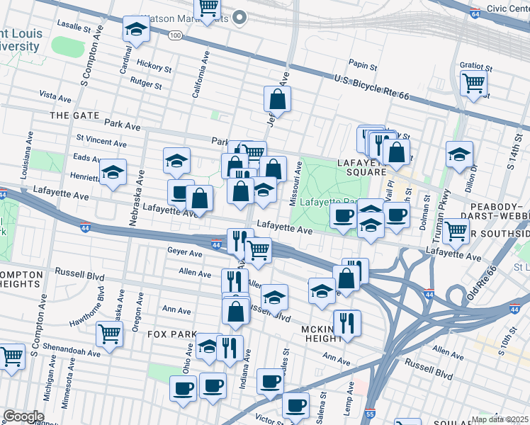 map of restaurants, bars, coffee shops, grocery stores, and more near 2344 Lafayette Avenue in St. Louis