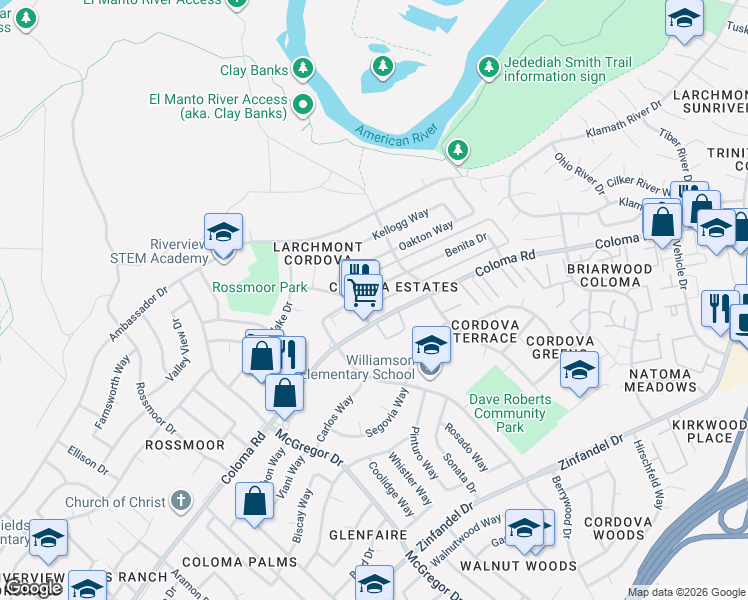 map of restaurants, bars, coffee shops, grocery stores, and more near 2033 Benita Drive in Rancho Cordova
