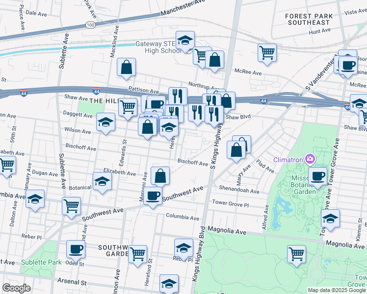 map of restaurants, bars, coffee shops, grocery stores, and more near 2100 Alley Way in St. Louis