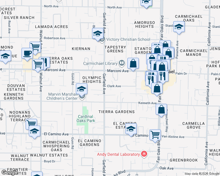 map of restaurants, bars, coffee shops, grocery stores, and more near 5510 Clark Avenue in Carmichael
