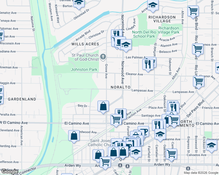 map of restaurants, bars, coffee shops, grocery stores, and more near 311 Lampasas Avenue in Sacramento