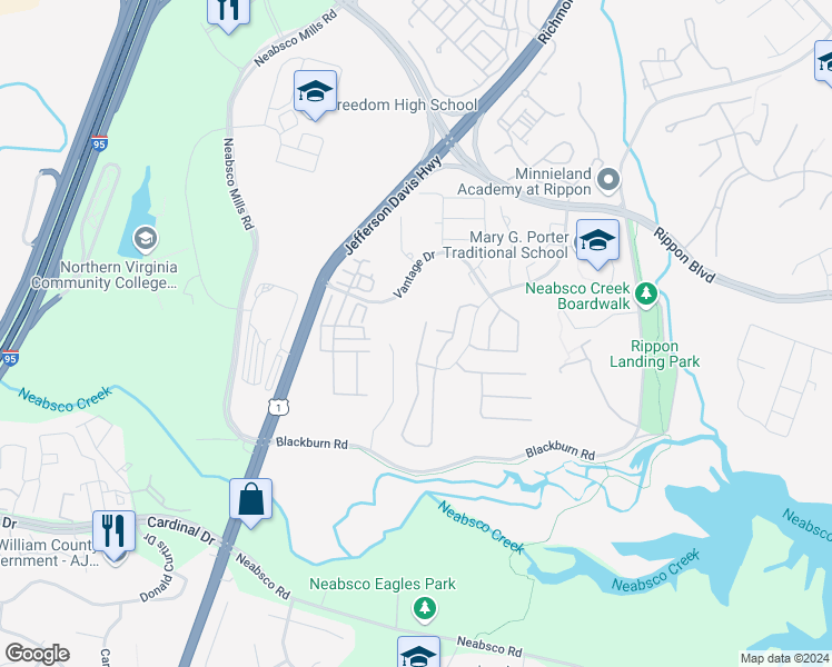 map of restaurants, bars, coffee shops, grocery stores, and more near 15512 Exmore Court in Woodbridge