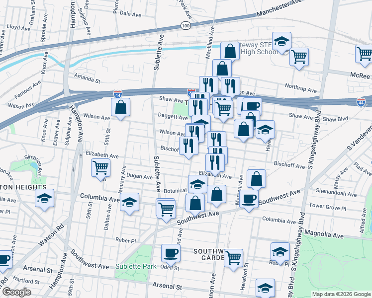 map of restaurants, bars, coffee shops, grocery stores, and more near 5417 Bischoff Avenue in St. Louis