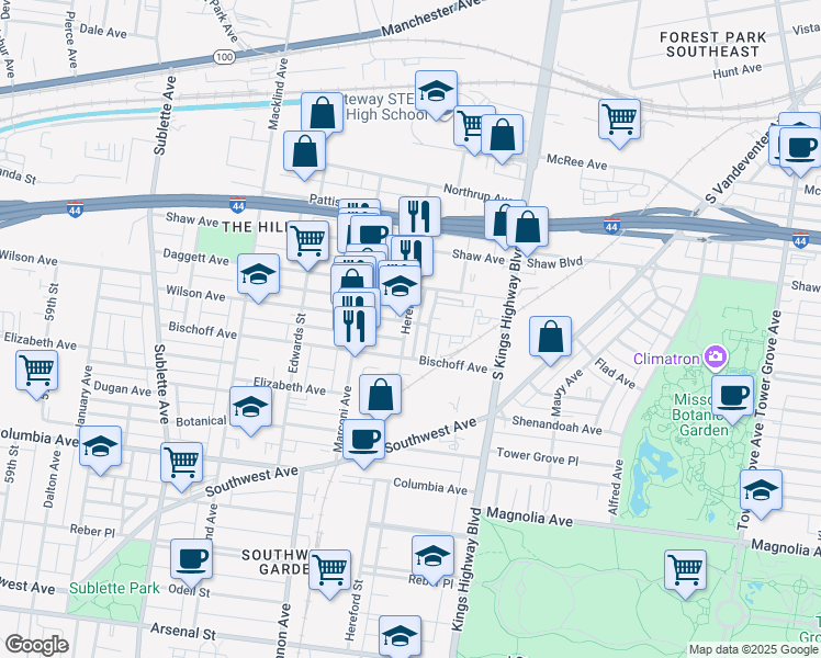 map of restaurants, bars, coffee shops, grocery stores, and more near 2104 Hereford Street in St. Louis