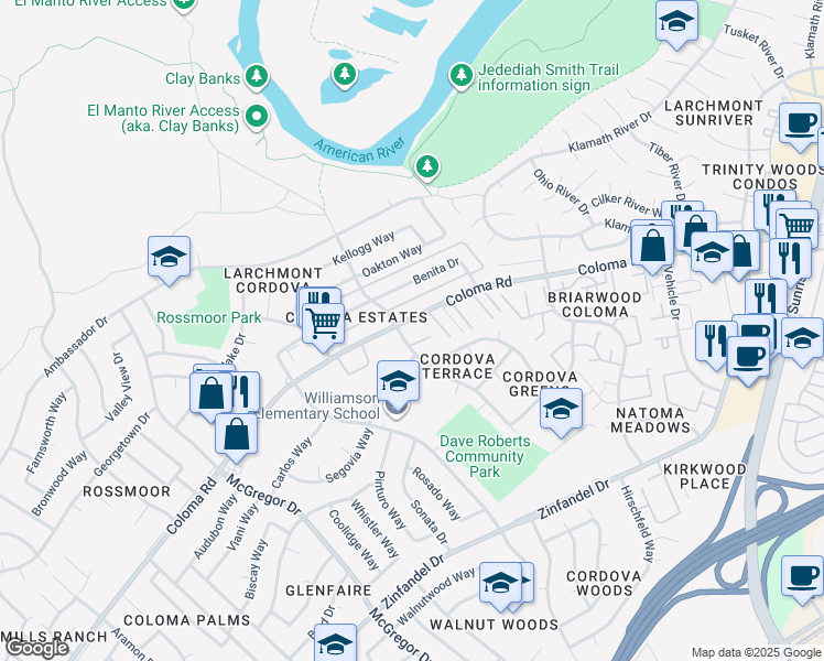 map of restaurants, bars, coffee shops, grocery stores, and more near 10853 Coloma Road in Rancho Cordova