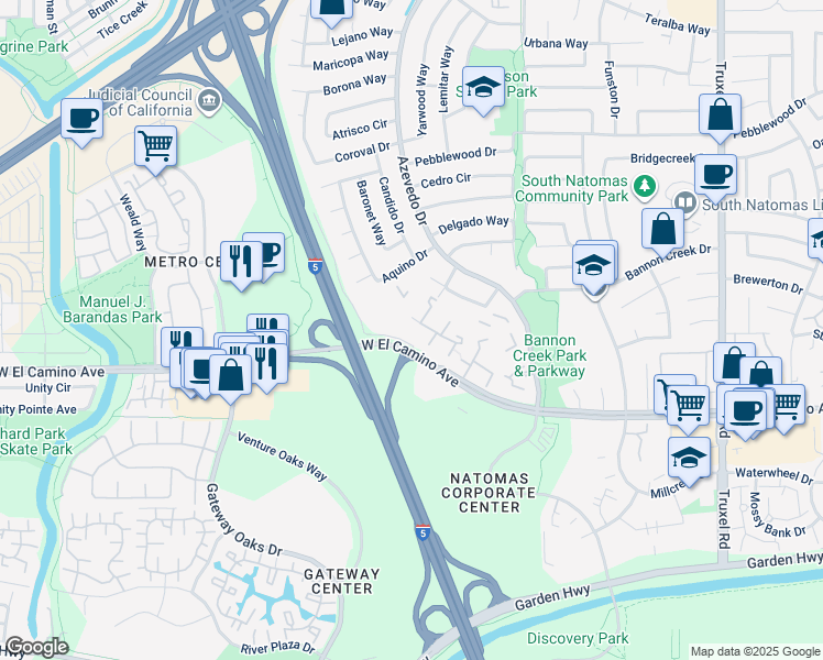 map of restaurants, bars, coffee shops, grocery stores, and more near 2045 West El Camino Avenue in Sacramento