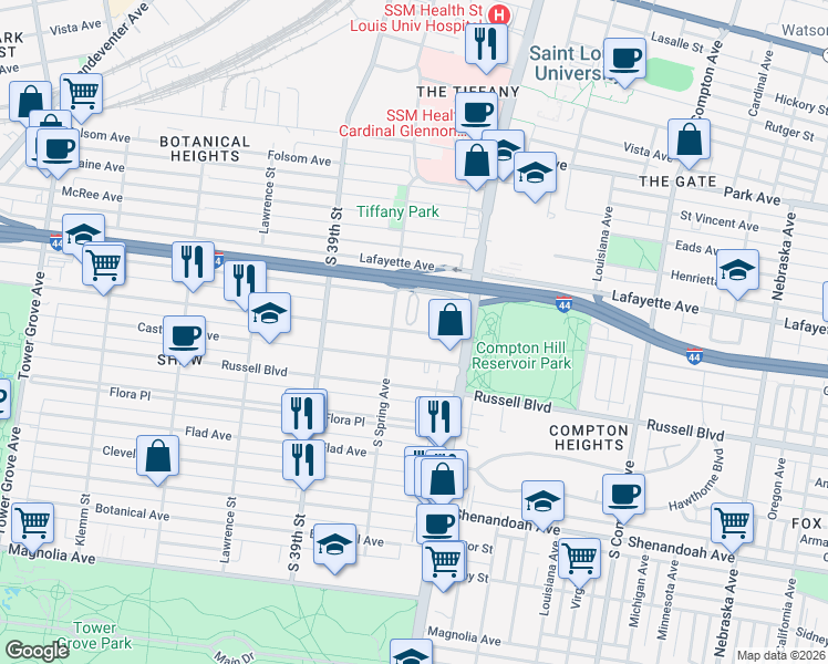map of restaurants, bars, coffee shops, grocery stores, and more near 6 Shaw Place in St. Louis