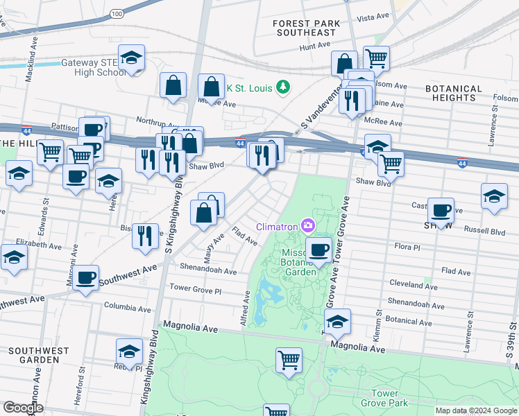 map of restaurants, bars, coffee shops, grocery stores, and more near 1930 South Vandeventer Avenue in St. Louis