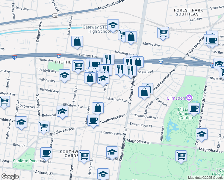 map of restaurants, bars, coffee shops, grocery stores, and more near 2100 Alley Way in St. Louis