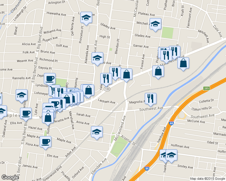 map of restaurants, bars, coffee shops, grocery stores, and more near 7111 Manchester Avenue in St. Louis
