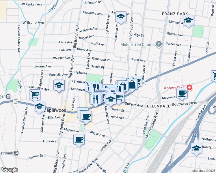 map of restaurants, bars, coffee shops, grocery stores, and more near 2415 Roseland Terrace in Maplewood