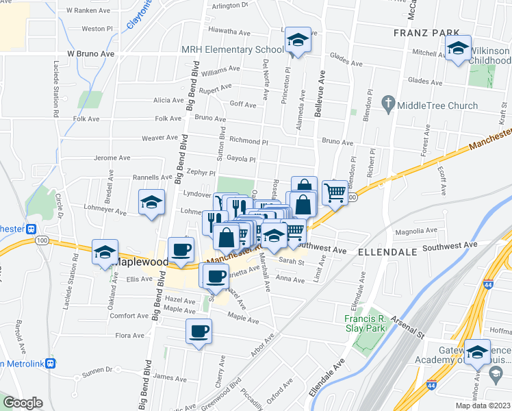 map of restaurants, bars, coffee shops, grocery stores, and more near 2400 Sutton Boulevard in Maplewood