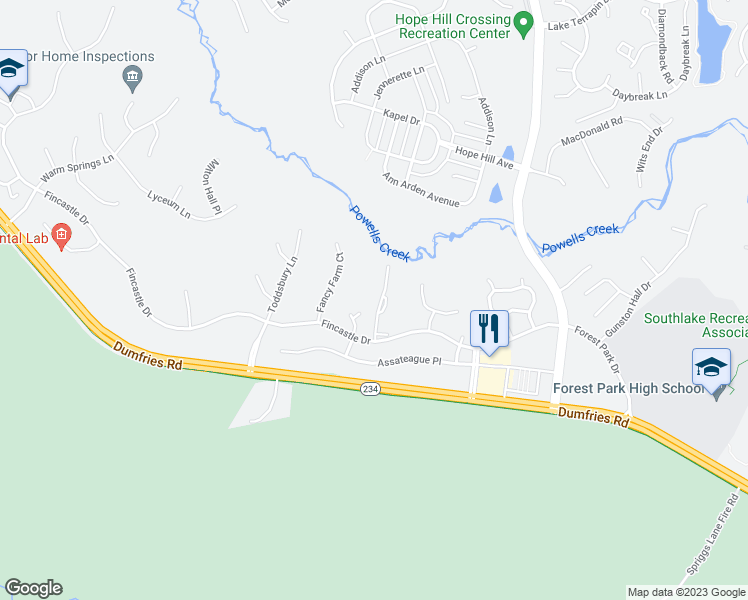 map of restaurants, bars, coffee shops, grocery stores, and more near 15580 3 Otters Place in Manassas