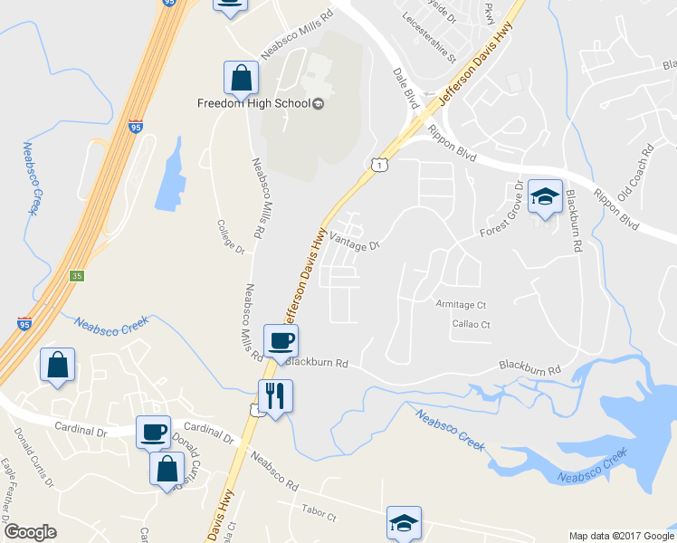 map of restaurants, bars, coffee shops, grocery stores, and more near 2429 Rainswood Lane in Woodbridge