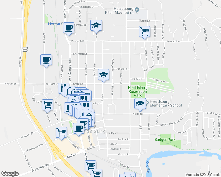 map of restaurants, bars, coffee shops, grocery stores, and more near 531 College Street in Healdsburg