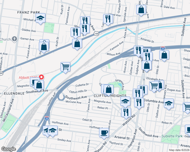map of restaurants, bars, coffee shops, grocery stores, and more near in St. Louis