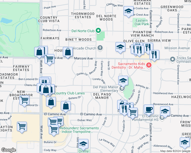 map of restaurants, bars, coffee shops, grocery stores, and more near 2816 Becerra Way in Sacramento