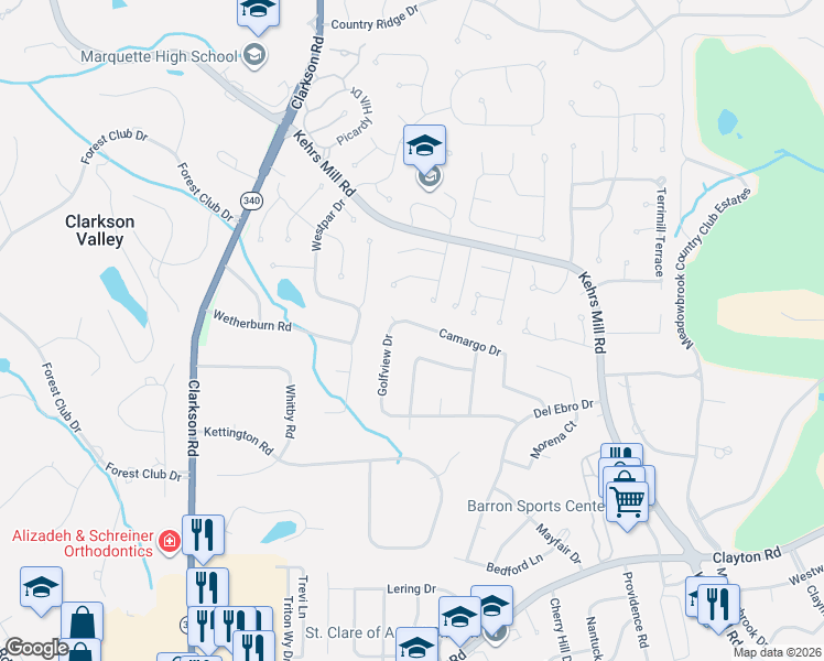 map of restaurants, bars, coffee shops, grocery stores, and more near 1073 Camargo Drive in Ballwin