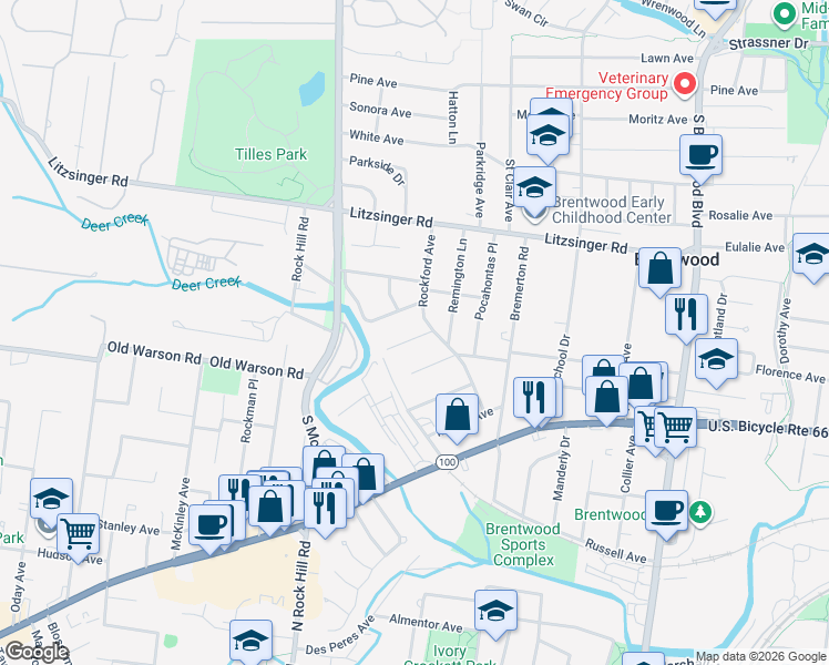 map of restaurants, bars, coffee shops, grocery stores, and more near 9321 Berry Avenue in St. Louis