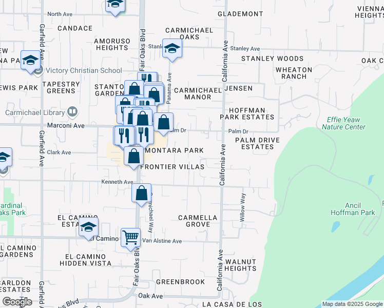 map of restaurants, bars, coffee shops, grocery stores, and more near 2800 Scandia Way in Carmichael