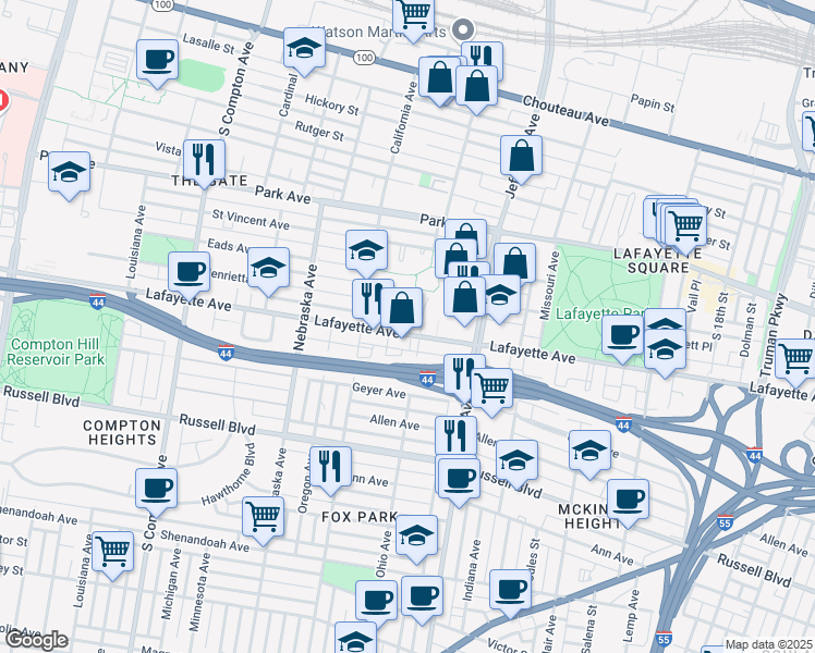 map of restaurants, bars, coffee shops, grocery stores, and more near 1601 Ohio Avenue in St. Louis