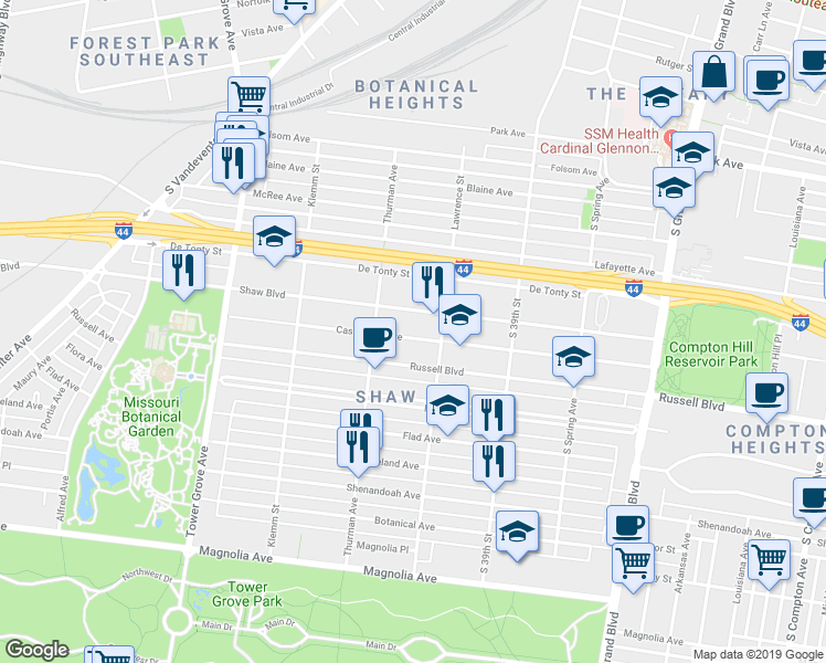 map of restaurants, bars, coffee shops, grocery stores, and more near 4031 Castleman Avenue in St. Louis