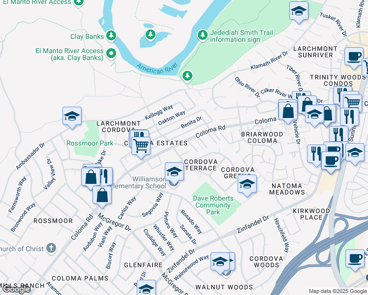 map of restaurants, bars, coffee shops, grocery stores, and more near 10853 Coloma Road in Rancho Cordova